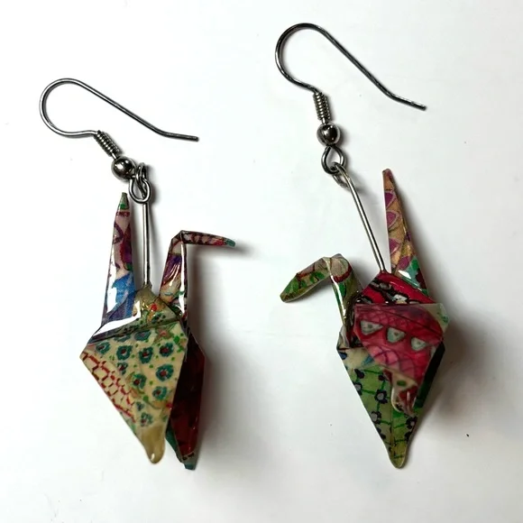 Origami Crane Bird Colorful Earrings- Boho Jeweled Dangling - Picture 4 of 5
